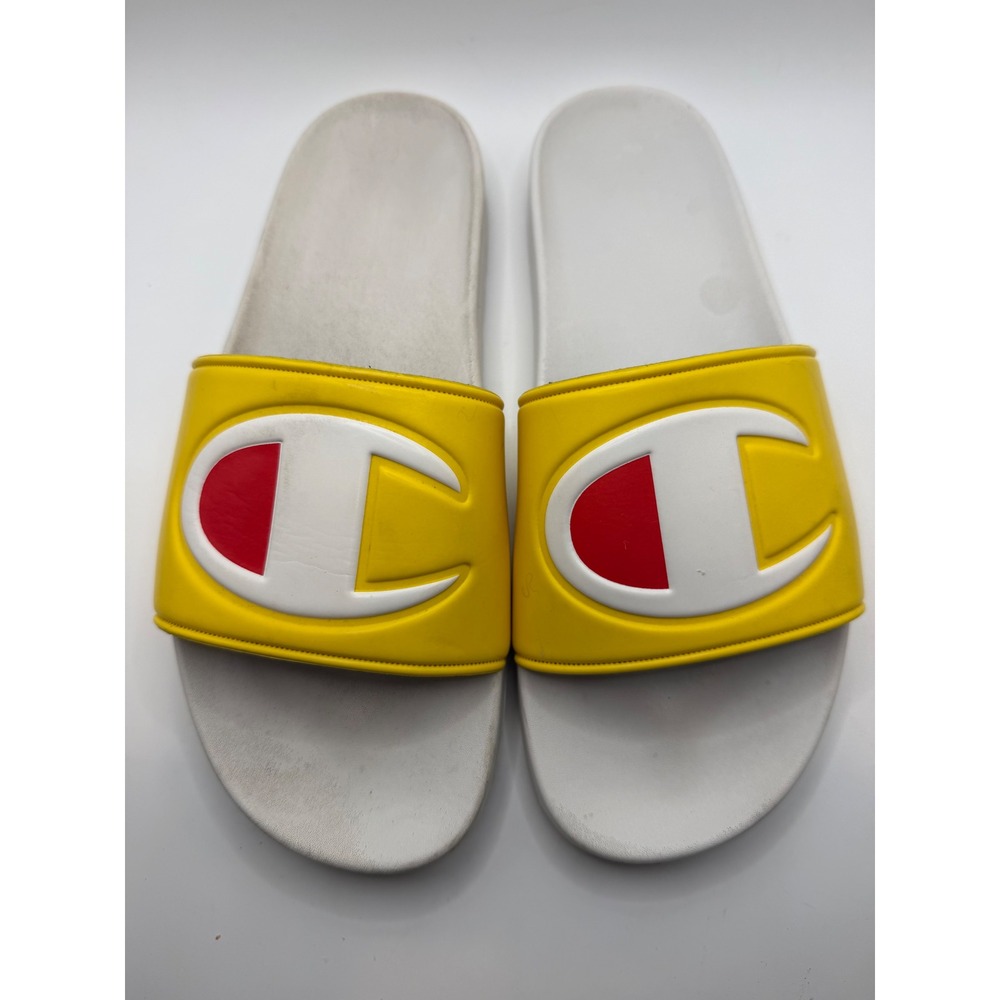 Champion IPO Slides Yellow White Red Logo Mens Sandals Size 9.5 CP100030M